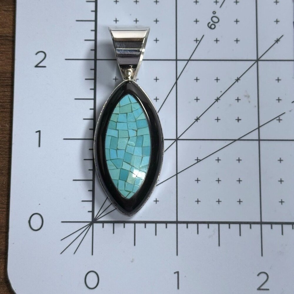 Jay King Black Chalcedony & Turquoise Necklace Mosaic Pendant Sterling Silver - Picture 5 of 11